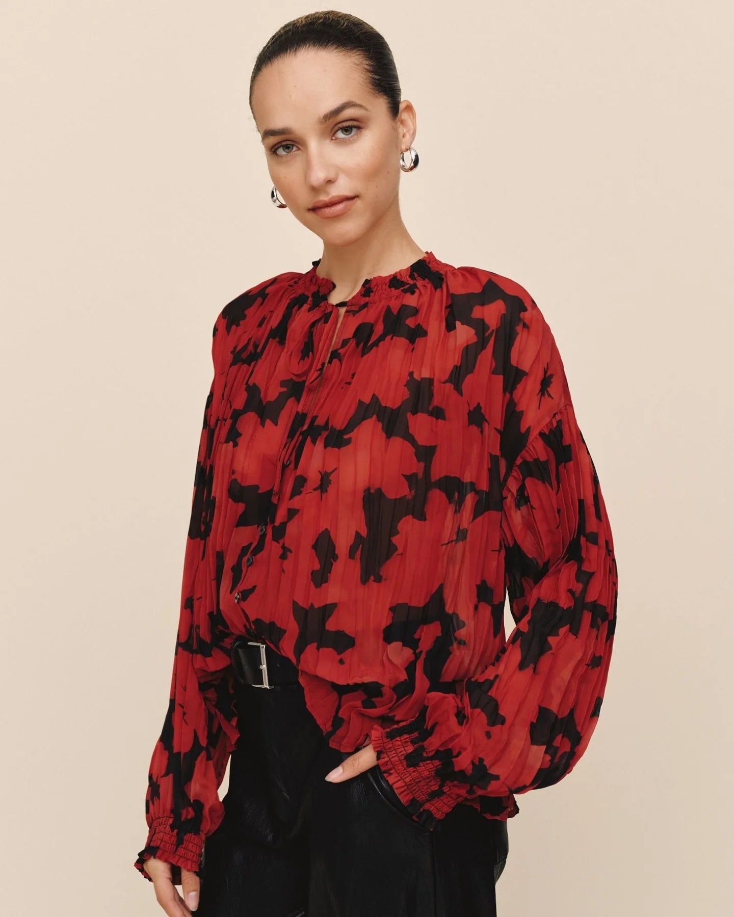 Pleated Smocked Button Down