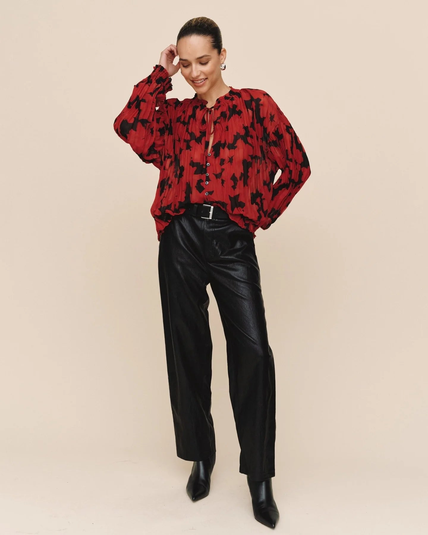 Pleated Smocked Button Down
