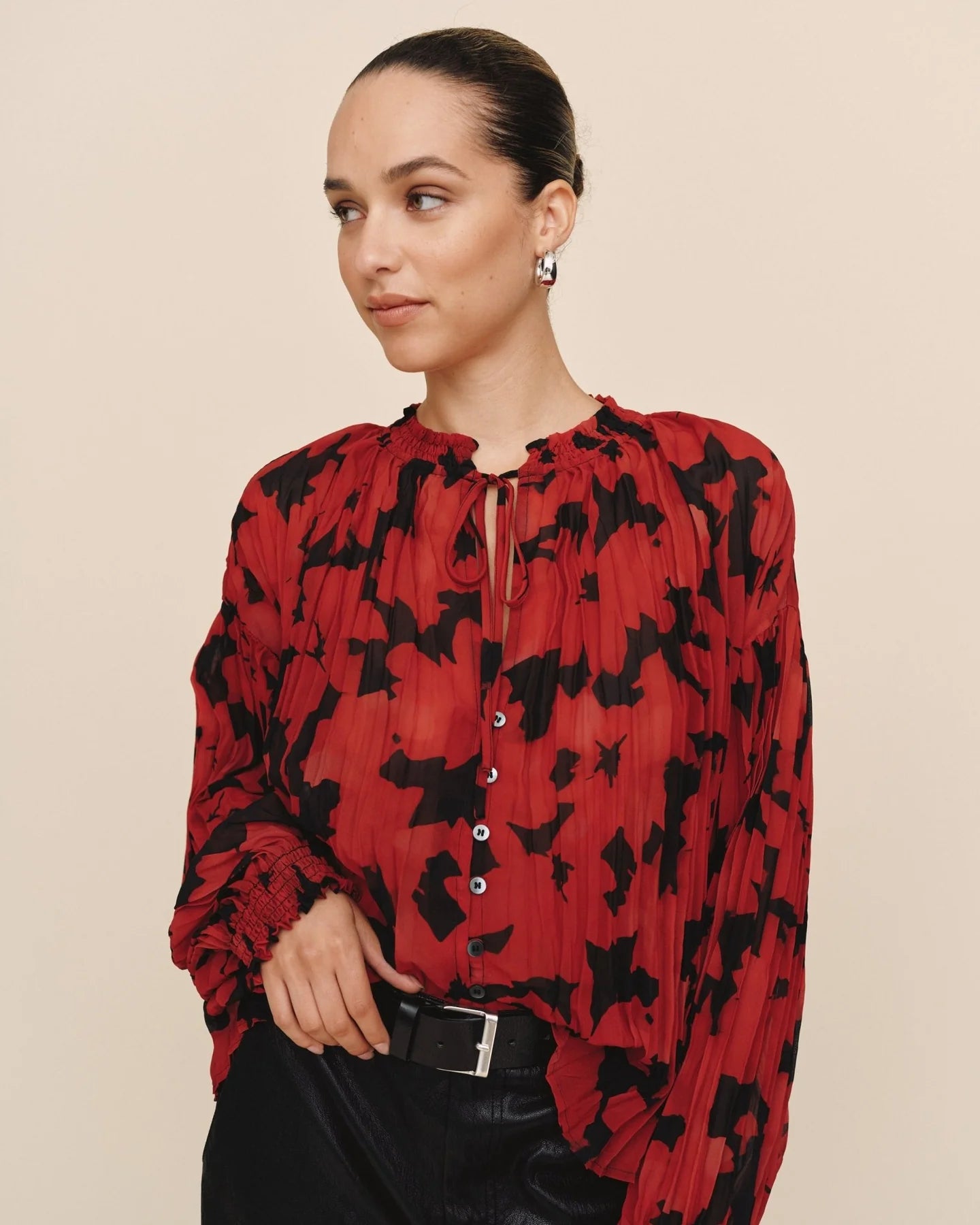 Pleated Smocked Button Down